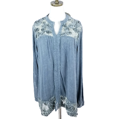 #ad NWT Simply Couture Long Sleeve Tunic Top Size L Gray Lace Sequin Floral Accents $26.00