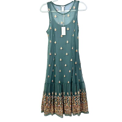 #ad Sundance Midi Dress Jeweled Dreams Medium Sage Green Embroidered Mesh NEW $57.00
