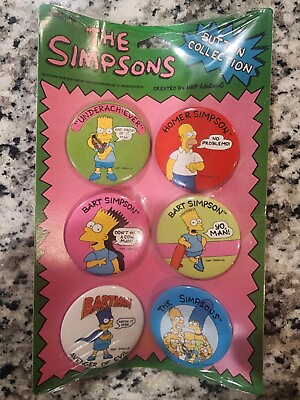 #ad VTG 1990 The Simpsons 6 Button Collection Sealed NOS Homer Bart Pins Set $10.00