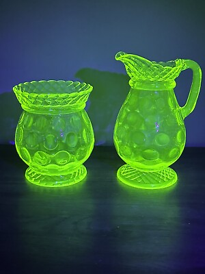 #ad EAPG CENTRAL GLASS Co Vaseline Glass #796 ROPE amp; THUMBPRINT Syrup amp; Sugar Bowl $115.00