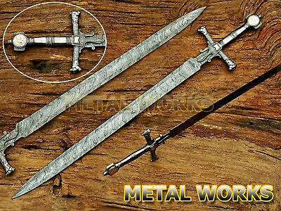 #ad Damascus Steel King Solomon Crusader Sword w LeatherSheath Star of David Pommel $129.99