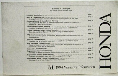 #ad 1994 Honda Warranty Information Manual $14.62