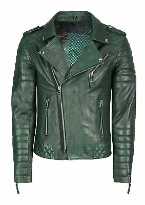 #ad New Biker Men#x27;s Green Leather Jacket Stylish Slim Fit Motorcycle Jacket 336 $115.70