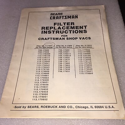 #ad 1989 CRAFTSMAN FILTER REPLACEMENT INSTRUCTIONS FOR CRAFTSMAN SHOP VACS $3.05