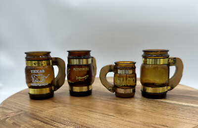 #ad Vintage Lot of 4 Mini Brown Glass Barrel Beer Mugs Shot. Review Pictures $10.90