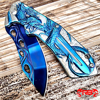 #ad 8quot; Fantasy Blue DRAGON Tactical SPRING ASSISTED Open Folding Blade Pocket Knife $16.96