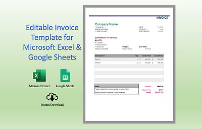 Business Invoice Template Easy to Use Microsoft Excel amp; Google Sheets Template $2.99