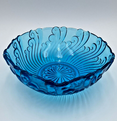 #ad ANTIQUE EAPG GLASS OCEAN WAVES SCROLL PATTERN TRANSPARENT BLUE BOWL 9.25quot; $48.99