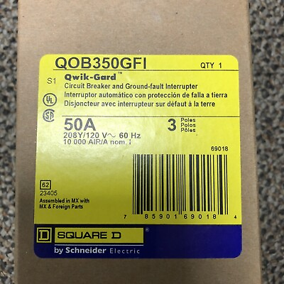 #ad Square D GFI Breaker 208 120 50A 3 Phase Bolt On QOB350GFI New In Box $225.00