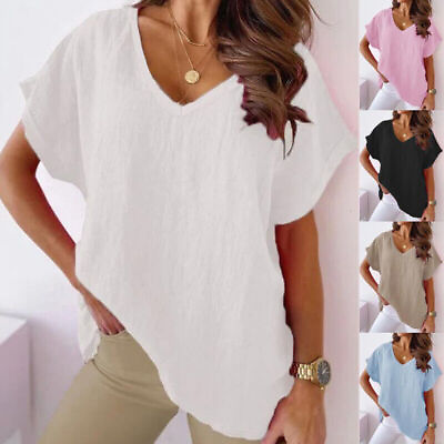 #ad Women T Shirt Blouse Short Sleeve Pullover Tunic Tops V Neck Loose Cotton Summer $15.45