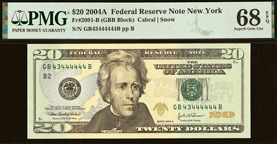 #ad Top Pop 2004A $20 FRN PMG 68EPQ highest graded near solid serial number 43444444 $475.00