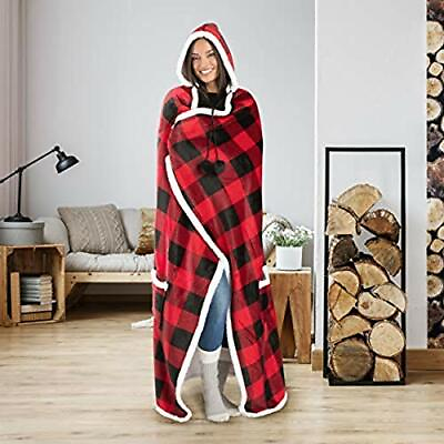 Hooded throw wearable blanket Buffalo Plaid Black and Red $25.60