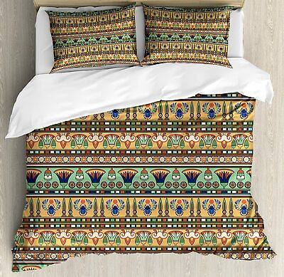 #ad Ambesonne Egyptian Print Duvet Cover Set Motifs Pattern Lily Flower and Scarab $54.24