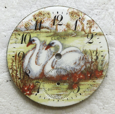 #ad Elgin 6 Size Bevy of Swans Reeds Birds Color Pocket Watch Porcelain Dial LW278 $50.00