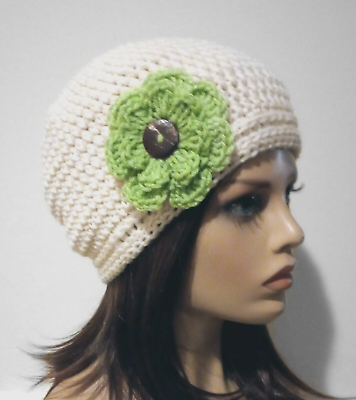 #ad crochet hat flower beanie woman#x27;s handmade simply green apple ombre aran new $16.99