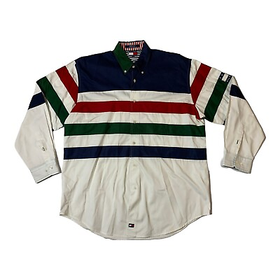 #ad Tommy Hilfiger Men Sz M Vintage Block Color Lines Patch On Arm Long Sleeve Shirt $65.99