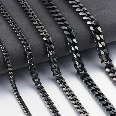 #ad 3 5 7 9 11mm Mens Cuban Curb Black Necklace Stainless Steel Link Chain 18quot; 30quot; $8.14