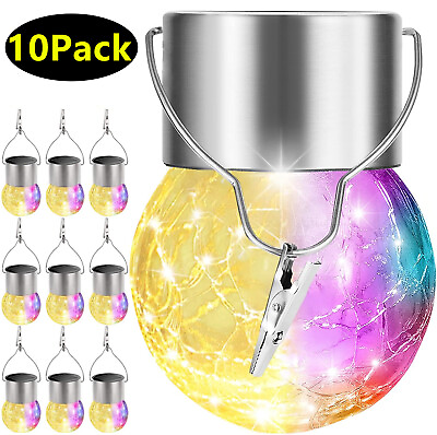 #ad 10Pack Solar Hanging Lights Waterproof Color Changing Cracked Glass Hanging Ball $19.97