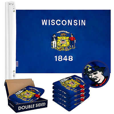 #ad Wisconsin WI State Flag 3x5FT 5 Pack Double sided Embroidered Polyester By G128 $217.99
