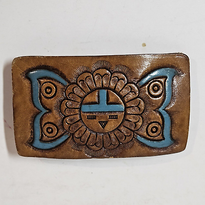 #ad Zuni Sun Hand Tooled Leather Belt Buckle Womans Butterfly READ $13.00