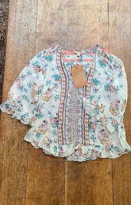 #ad NEW Rose amp; Thyme Boho Blouse 3 4 Ruffle Sleeve Floral Top Cottagecore Sz S NWT $13.99