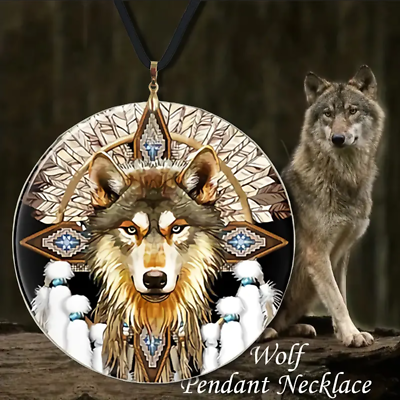 #ad Jewelry Wolf Head Round Acrylic Pendant Necklace Native American Feathers $10.88