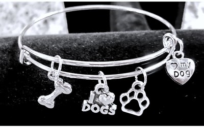 #ad I Love dogs I ❤ my Dog Paw bone 4 Silver charms Expandable Bangle Bracelet $4.25