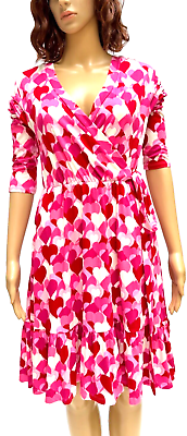 #ad Draper James RSVP Pink Hearts Ruffled Hem Long Sleeve Knee Length Wrap Dress S $35.47