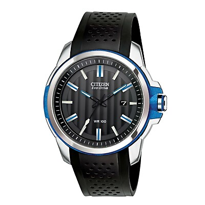 Citizen AR Eco Drive Men#x27;s Date Blue Accent Bezel Rubber 44mm Watch AW1151 04E $99.99
