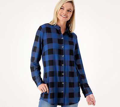#ad NEW Belle by Kim Gravel Small Buffalo Check Knit Shirt Jacket in Blue QVC 8851 $27.60