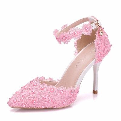 #ad Bride High Heels Ankle Strap Pumps Women#x27;s Shoes Rhinestone Lace Wedding Shoes $46.01