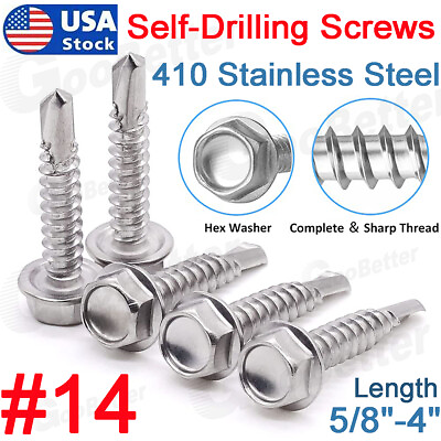 #ad #14 Hex Washer Head Self Drilling Sheet Metal Tek Screws 410 Stainless Steel UNC $13.25