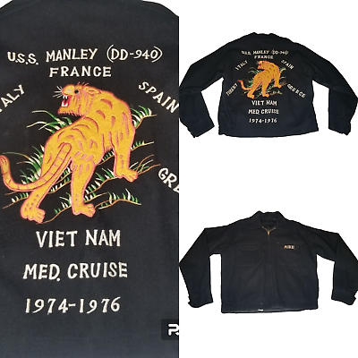 #ad Vtg 70s Vietnam Souvenir Tour Cruise Jacket Tiger USS Manley Italy France S M $297.49
