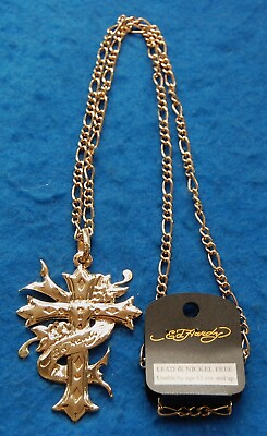 #ad Cross Ed Hardy Design Goth Pendant w 30quot; Chain 24kt Gold Plating New $2.49