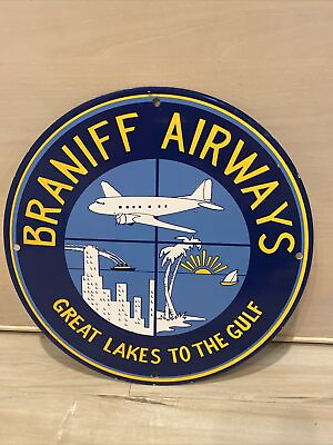 #ad VINTAGE BRANIFF AIRWAYS PORCELAIN SIGN SALES SERVICE GAS OIL AVIATION AIRPLANE $89.00