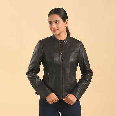 Women LA MAREY Black Lambskin Genuine Leather Zip Front Scuba Jacket S #ad $273.99