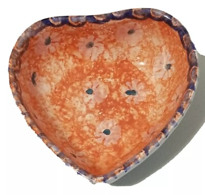 #ad 1.75quot; Red White Blue HP Pottery Heart Shape Jewerly Trinket Dish Made In Italy $11.50