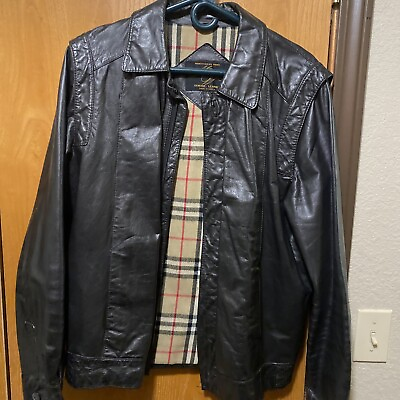 #ad Montgomery Ward Black Leather Vintage Men’s Size 40 Jacket Plaid Lining 1960s $21.99