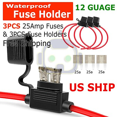 #ad 3 Pack 12 Gauge Mini ATC 25A Fuse Holder In Line AWG Wire Copper 12 Volt Blades $4.95