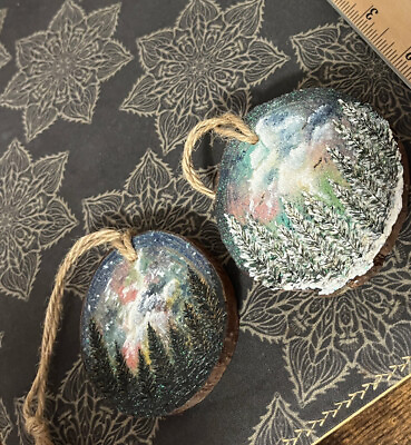 #ad Wooden Handpainted Ornaments Northern Lights Forest Winter Scenes Sparkle $20.00