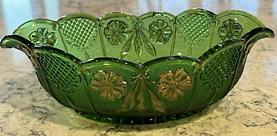 #ad Antique EAPG DOGWOOD GREEN w GOLD Oval Bowl U. S. Glass 1915 Pressed Glass $19.50