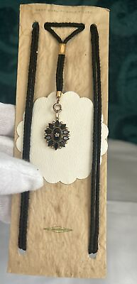 #ad Antique Victorian 10K Yellow Gold Black Onyx Mourning Pendant on G.F. Old Cord $220.00