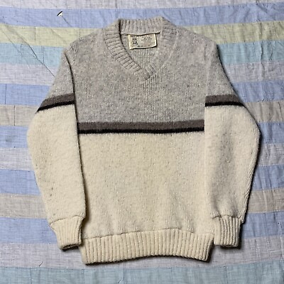 #ad Sz L Vintage 70’s Hilta Ltd wool crewneck sweater men’s beige stripe Scotland $19.50