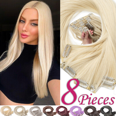#ad 100% Natural As Human Hair Clip in Extension Full Head 8Pcs Long Thick Blonde US $17.19