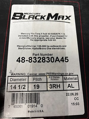 #ad Mercury Black Max 48 832830A45 14 1 2quot; 19P 3RH AL Mercury Mariner 135 300Hp $203.47