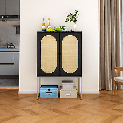 #ad 2 Door High Cabinet Natural Rattan Adjustable Shelf Easy Assembly $132.14