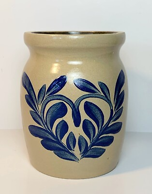 #ad BBP Beaumont Brothers Pottery 5.5” Crock Salt Glaze Cobalt Blue Heart Vintage $28.60