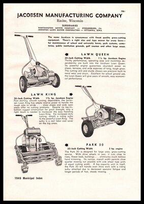 #ad 1949 Jacobsen Mfg Co Power Lawn Grass Mowers Racine WI Vintage trade print ad $14.79