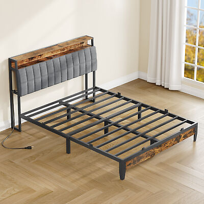 #ad Full Queen KING Metal Bed Frame Platform Bed Frame with Storage Headboard Shelf $145.99