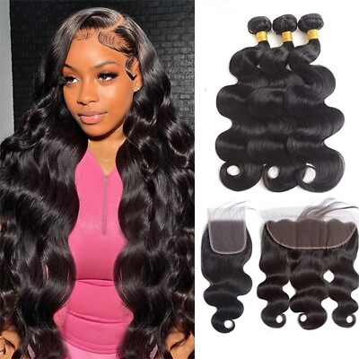 #ad Brazilian Body Wave Bundles With Lace Closure Lace Frontal Human Hair Extensions $22.55